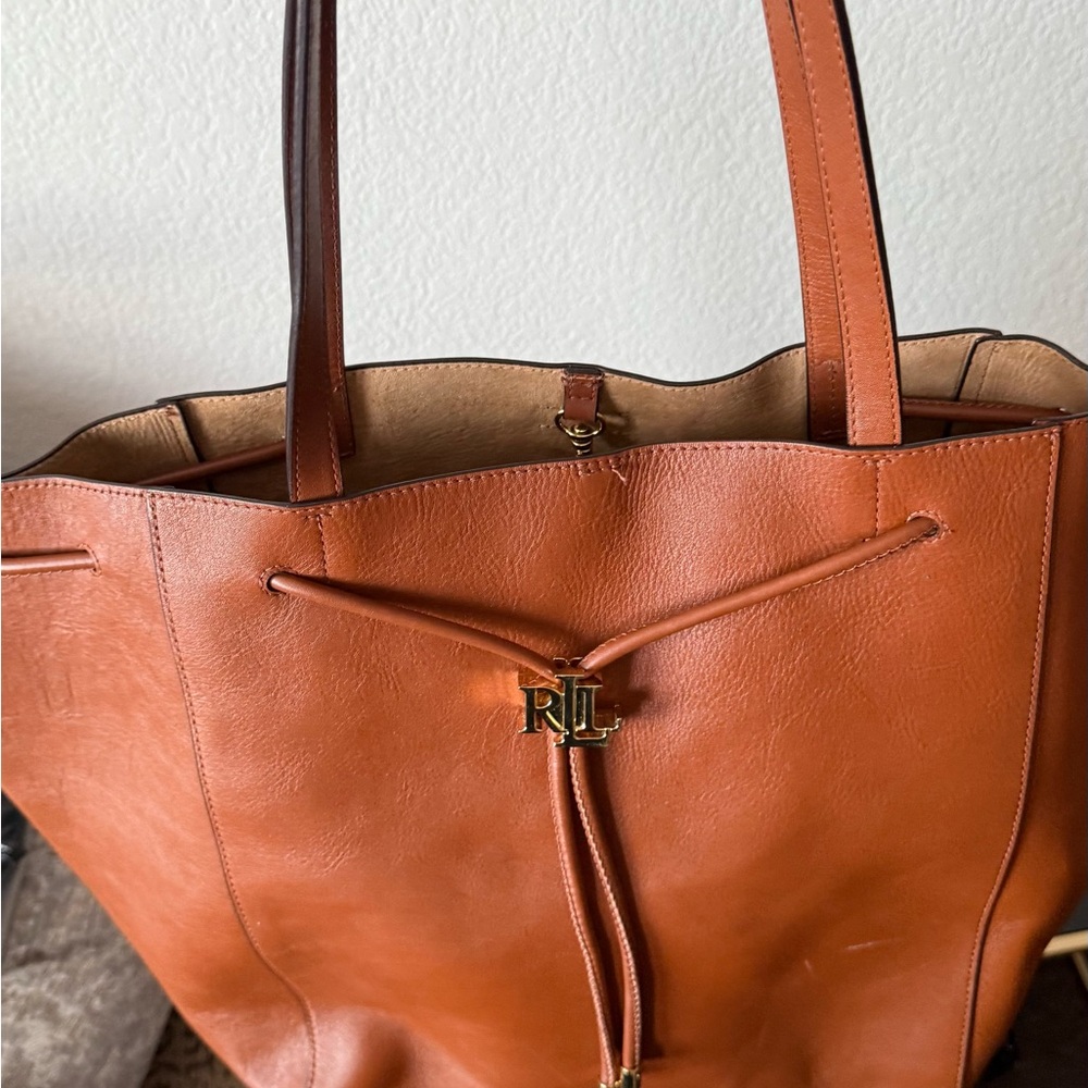 Ralph Lauren Tan Leather Tote with Drawstring Detail